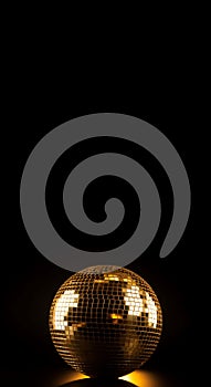 Golden disco ball on black background banner. Generate ai