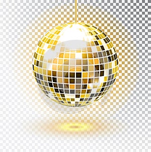 Golden disco ball. Vector illustration. Isolated. Night Club party light element. Bright mirror silver ball design for disco dance