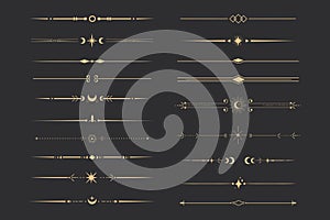 Golden divider celestial border with stars moon and sun thin line elegant simple decoration, mystic tarot separator