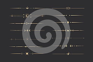 Golden divider celestial border with stars moon and sun thin line elegant simple decoration, mystic tarot separator