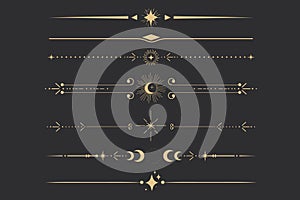 Golden divider celestial border with stars moon and sun thin line elegant simple decoration, mystic tarot separator