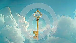 a golden divine key, suspended gracefully in the expanse of a serene blue and white sky, radiating an aura of mystique