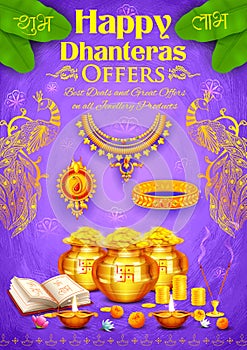 Golden diya with pot of god coin on Happy Diwali Dhanteras background photo