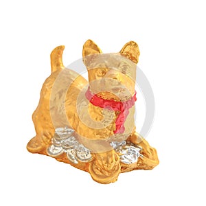 Golden dog with coins for decoration isolated on white