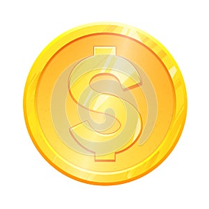 Golden dollar coin symbol on white background. Finance investment concept. Exchange European and USA currency Money