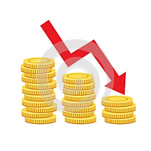 Golden dollar coins stack and down arrow. Economy, finance, money symbol. Currency pictogram. Vector illustration