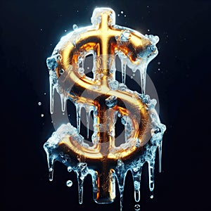 Golden Dollar Sign Encased in Ice on a Dark, Mystical Background AI