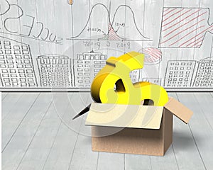 Golden dollar sign in opened cardboard box