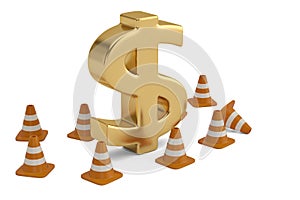 Golden dollar sign and plot chantier on white background. 3D ill