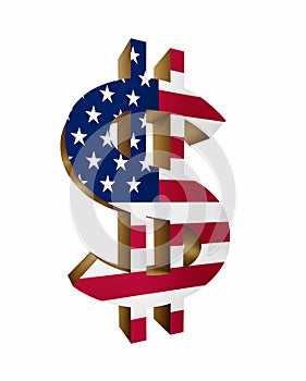 Golden dollar sign/symbol with American flag isolated in white background