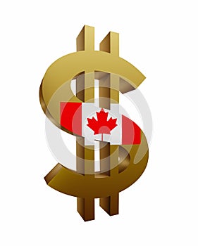 Golden dollar sign/symbol with Canada flag isolated in white background