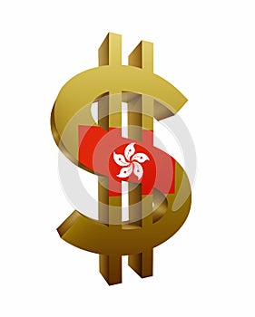 Golden dollar sign/symbol with Hong Kong flag isolated in white background