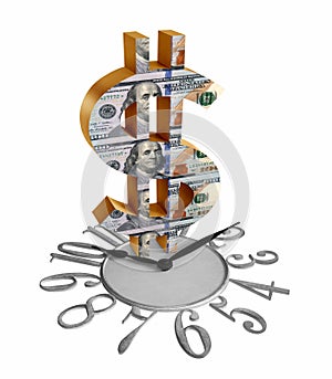 Golden dollar sign/symbol with U.S. dollar bills on a clock isolated in white background