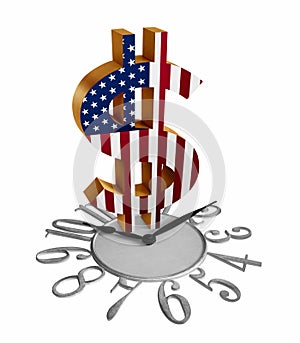 Golden dollar sign/symbol with U.S. flag on a clock isolated in white background