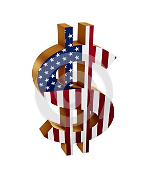 Golden dollar sign/symbol with U.S. flag isolated in white background
