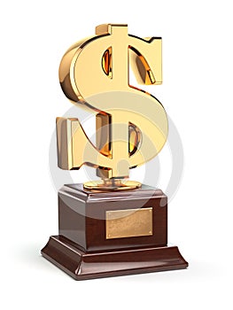 Golden dollar sign trophy isolated on white.