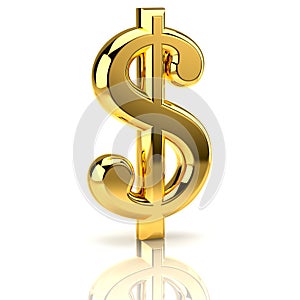 Golden dollar sign on white photo