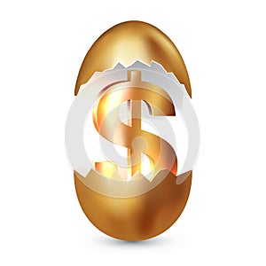 Golden dollar symbol inside a golden broken egg. Concept of financial business success or gaining wealth, venture investments