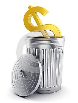 Golden dollar symbol in steel trash can with lid.