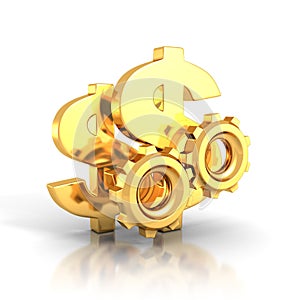 Golden dollar symbols and cogwheel gears on white background