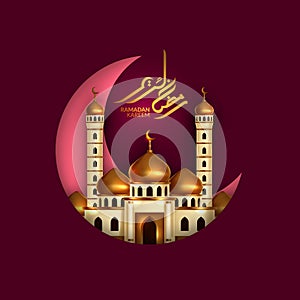 Golden dome mosque building concept with moon crescent and ramadan kareem calligraphy with purple red background. Holy month for