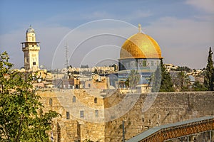 Golden Dome of the Rock Western Western`Wailing` Wall of Ancient Temple Jerusalem Israel photo