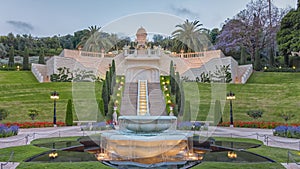 Golden-domed Shrine of the Bab, terraces of the Bahai Faith, the Hanging Gardens in Haifa. City landscape. Tourism in Israel