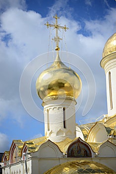 Golden domes of an ancient orthodox church. Sergiev Posad. Russia.