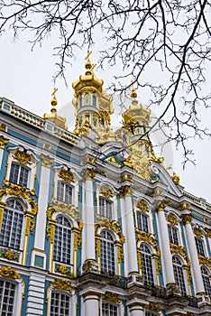 The Golden domes of Catherine`s Palace on a winter day in Pushkin, Saint Petersburg, Russia.