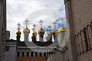 Golden domes of Church of the Deposition of the Robe , Moscow Kremlin, Russia