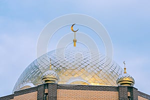 Golden domes of the mosque covered with snow, evening