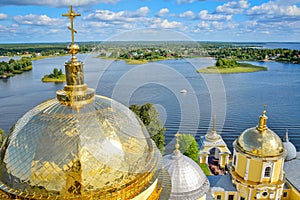 Golden domes of the Nilo-Stolobensky Monastery on Lake Seliger