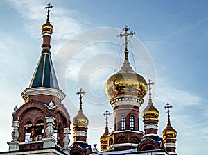 Golden domes the Temple of the Holy Great Martyr George The Victorious in Chelyabinsk