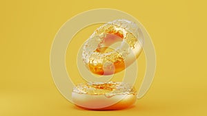Golden donut with golden glaze on golden background,