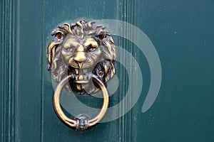 Golden door knocker in the shape of lion with ring