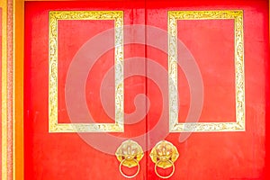 Golden door knocker in the shape of lion with ring on a red wooden door. Close up wooden Chinese style red door with lion head