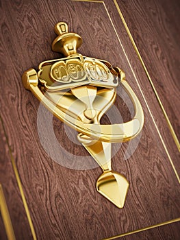 Golden door knocker on wooden door. 3D illustration