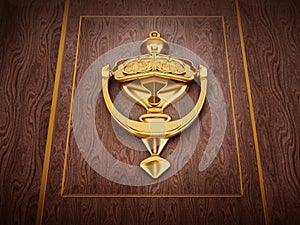 Golden door knocker on wooden door. 3D illustration