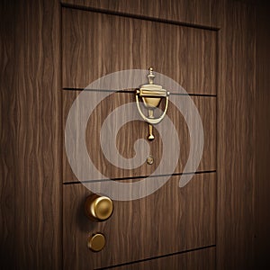 Golden door knocker on wooden door. 3D illustration