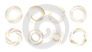 Golden dotted frames halftone design. Decorative frame circle shape. Gold abstract graphic elements, vector stylish