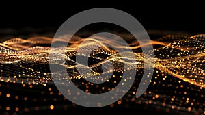 Golden Dotted Mesh Waves On Dark Backdrop - Abstract Technology Background