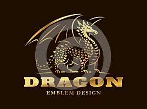 Golden dragon logo - vector illustration, emblem on dark background