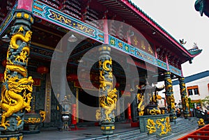 Golden dragon on the pole. Tua Pek Kong Chinese Temple. Bintulu city, Borneo, Sarawak, Malaysia