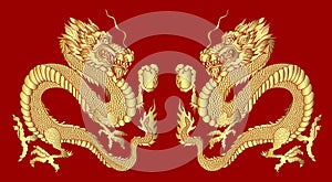 Golden Dragon on red background for Chinese New Year.Gold Chinese Dragon vector.