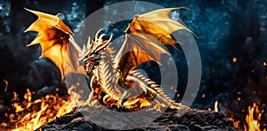 Golden dragon roaring and spreading wings in fire