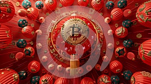 Golden dragon soars above Bitcoin in a festive Chinese New Year scene.