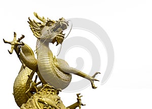 Golden Dragon Statue at The Corner on White Background with Text Copyspace