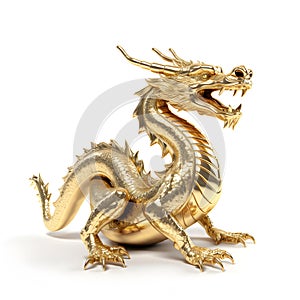 Golden dragon statue on white background.