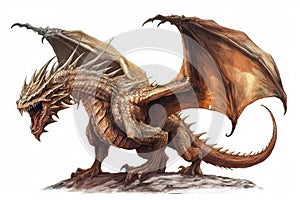 Golden dragon or wyvern illustration isolated on white background. Generative AI