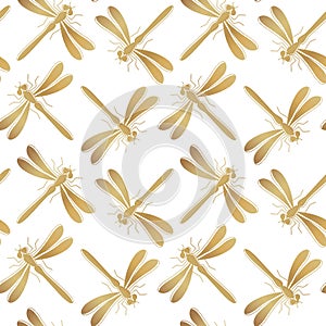 Golden dragonfly vector seamless pattern